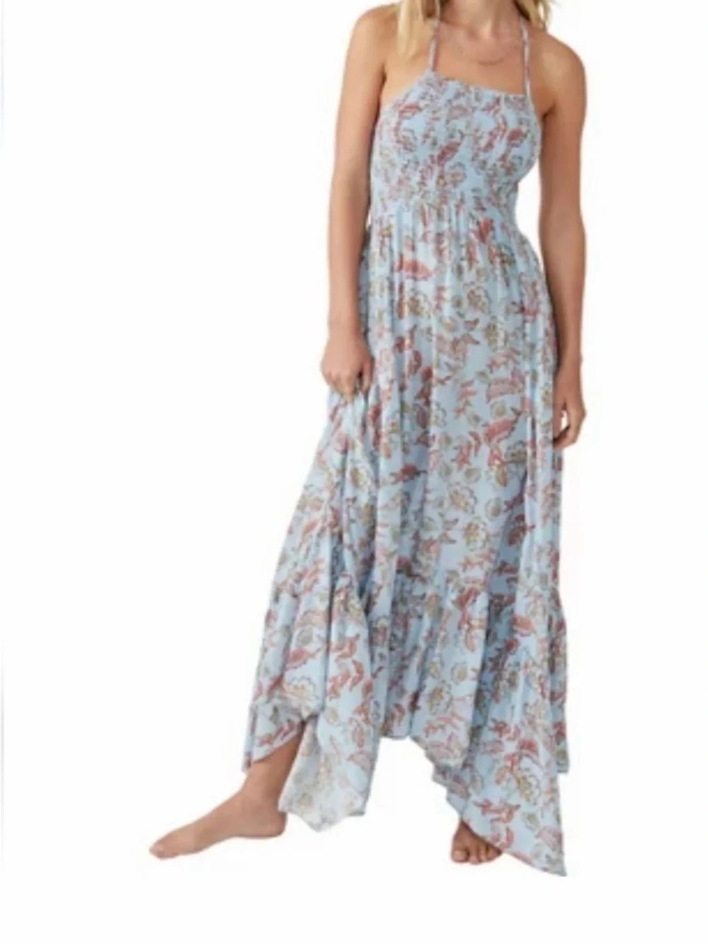 NWT Free People Heat Wave Printed Maxi Dress Robins Egg Blue Floral Small